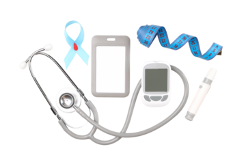 Diabetes monitoring kit with stethoscope, isolated, PNG