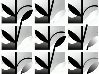 Dynamic Monochromatic Grid with Abstract Botanical Forms - Stylized Leaves and Geometric Shapes in High Contrast Black and White Design
