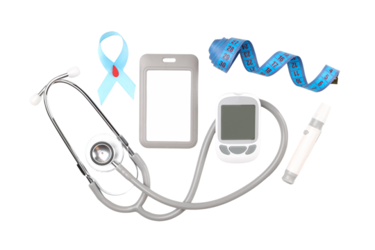 Diabetes monitoring kit with stethoscope, isolated, PNG