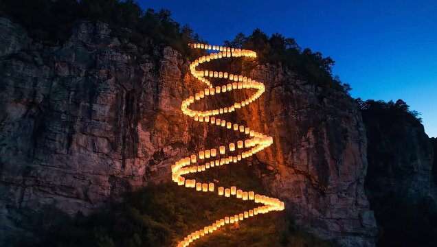 Spiral Staircase of Lights Ascends Rocky Cliff Under Twilight Sky.
