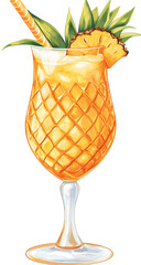 A refreshing pineapple cocktail isolated on transparent background, featuring a straw, pineapple slice, and tropical leaves, perfect for summer and vacation themes