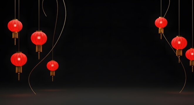 Red lanterns hang against a stark black background, with gold accents, creating a festive mood