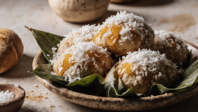 Delicious Filipino Biko Balls with Coconut Topping on Banana Leaves.