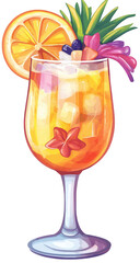 A colorful tropical cocktail isolated on transparent background, adorned with an orange slice, berries, and flowers, ideal for summer parties and exotic themes