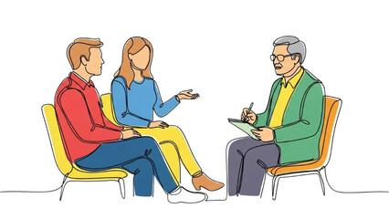 Colorful One-Line Continuous Vector Illustration of Two Adults Talking to a Counselor or Mediator, -Representing Adult Relationships, Communication, and Conflict Resolution