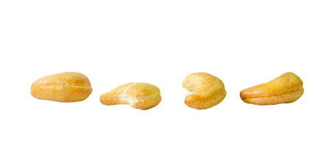 A set of four roasted or baked cashew nuts isolated with clipping path in png file format