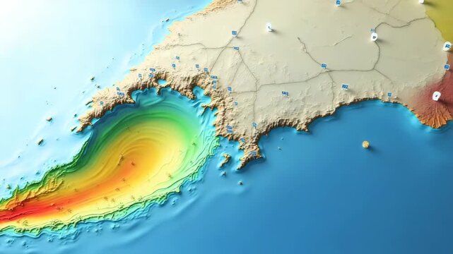 Professional GIS rendering of tsunami path map showing colored inundation corridors sensor network locations and evacuation routes for emergency planners in  Photo Stock  Concept  and empty space on t