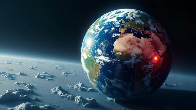 Photorealistic illustration of planet earth at risk showing cracked surface melting ice caps and red warning overlay conveying urgency of global environmental crisis in  Photo Stock  Concept  and empt