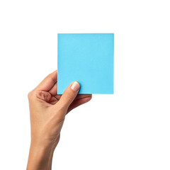 Hand holding a square light blue card against a dark backdrop isolated on white background