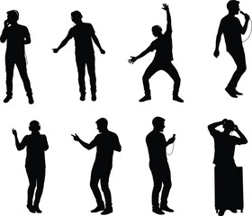 Music silhouette, DJ booth, microphone, headphones, performance art, dancing pose, expressive gesture, black figure, entertainment scene, audio activity, stage energy