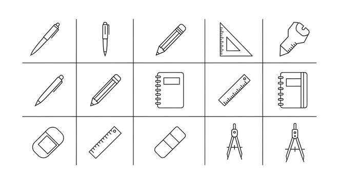 A set of linear icons representing school supplies and office stationery for graphic design, education, and creative projects - Powered by Adobe