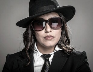 Portrait of a woman with sunglasses, black hat, suit, and tie; direct gaze