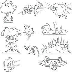 Manga and comic sketch-style landscape elements including trees, clouds, and hills. Minimal vector set.