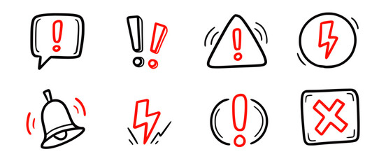 Doodle red exclamation mark, warning sign set. Hand drawn caution signs and warning marks highlight toxic risk, exclamation mark or alert notifications. Doodle stop notification. Vector illustration