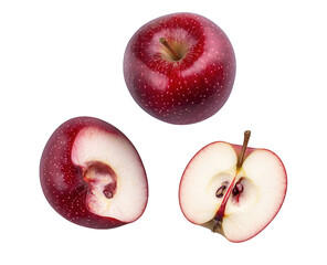 A group of three red apples isolated on transparent background, featuring one whole apple and two apple halves, showcasing their vibrant color and fresh appearance