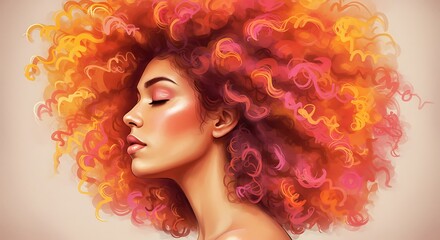 Portrait of a woman with vibrant, colorful curly hair, eyes closed, and glowing skin
