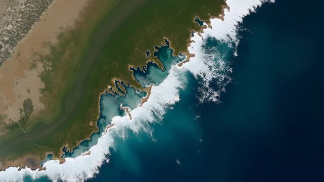 High?resolution satellite imagery capturing developing tsunami wave front approaching continental shelf mapping bathymetric influence on wave speed in  Photo Stock  Concept  and empty space on the lef