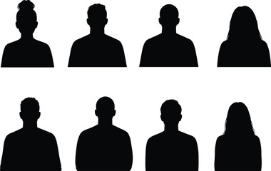 Set of eight human silhouettes, men and women avatars, black profile icons, isolated vector people shapes, business and social design
