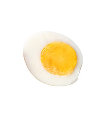 Top view of unpeeled cooked or boiled chicken eggs in a half with egg yolk isolated on white background with clipping path