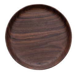 Empty wooden plate isolated on white. Handmade walnut wood plate. Walnut texture.