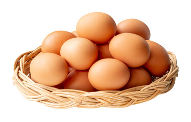 Many brown chicken eggs in stack in wicker basket isolated with clipping path in png file format