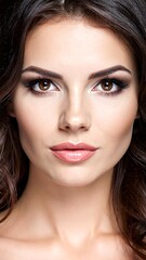 Portrait of a woman with warm brown eyes, flawless skin, and expertly applied makeup