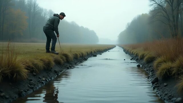 Environmentalist inspecting polluted river stretch downstream factory discharge comparing to upstream clean water zone in  Photo Stock  Concept  and empty space on the left side