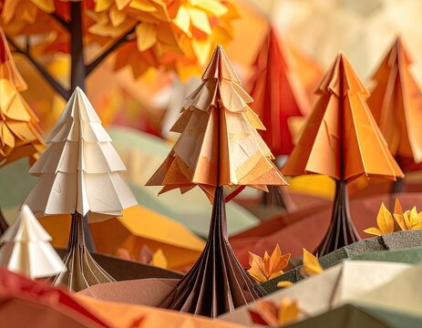 Origami trees stand, autumn hues, paper landscape scene - Powered by Adobe