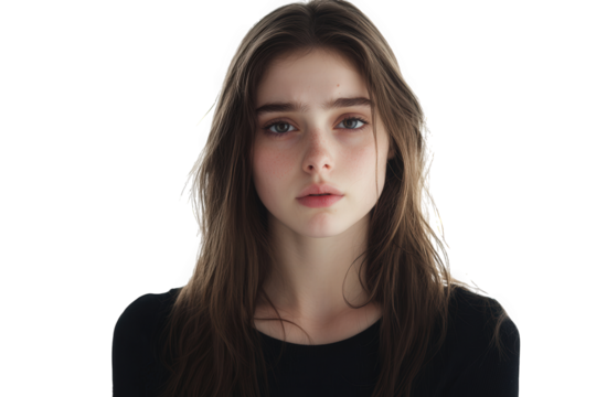 A young woman with a melancholic gaze stares intently, isolated on transparent background, conveying a sense of introspection and quiet contemplation