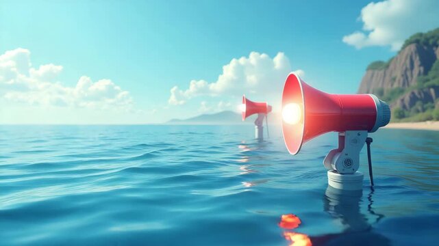 Emergency broadcast systems testing generic tsunami alert mechanisms using coordinated sirens and visual warnings across coastal municipalities in  Photo Stock  Concept  and empty space on the left si