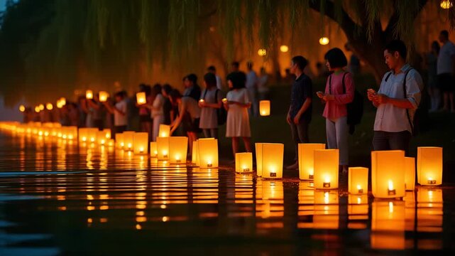 Families release glowing lanterns onto river surface during Obon Toro Nagashi ceremony watched under swaying willows for reverent farewell to ancestral spirits in  Photo Stock  Concept  and empty spac