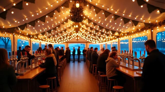 Spacious outdoor beer tent decorated with festive banners featuring rows of chilled craft beer taps attended by enthusiastic visitors during seasonal celebration. in  Photo Stock  Concept  and empty s