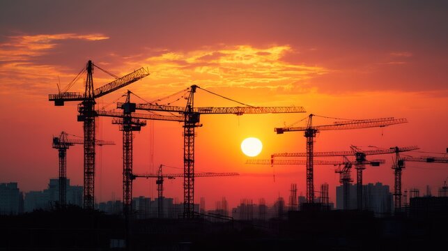 Construction cranes silhouetted against a vibrant orange and pink sunset sky, with a city skyline in the background. - Powered by Adobe