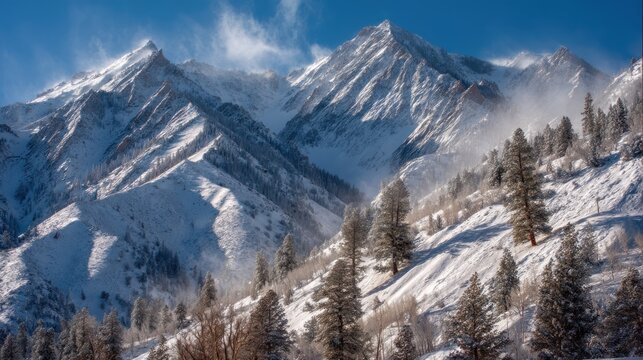 Snow-capped mountains with pine trees, blue sky, and white clouds, with a forest of evergreen trees in the foreground. - Powered by Adobe
