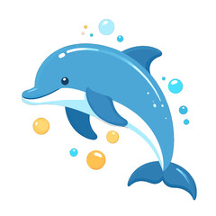 Obraz premium Cartoon Style Illustration of a Blue Dolphin with White Belly Leaping with Water Bubbles Against White Background