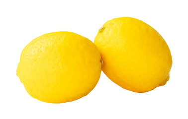 Side view of two ripe yellow lemon fruits in stack isolated on white background with clipping path