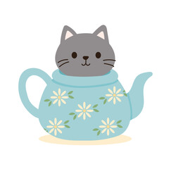 Cute gray cat sitting inside floral teapot, charming domestic scene full of warmth and coziness, minimalist vector illustration symbolizing calm home vibes, tea time relaxation, cute harmony.