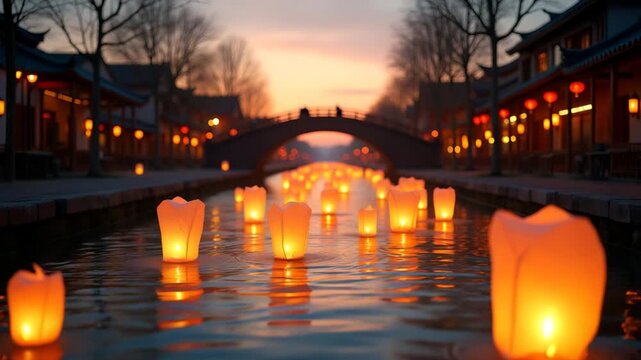 Silk?covered lanterns floating upstream past arched wooden bridge bathed in soft sunset hues at river lantern festival in  Photo Stock  Concept  and empty space on the left side