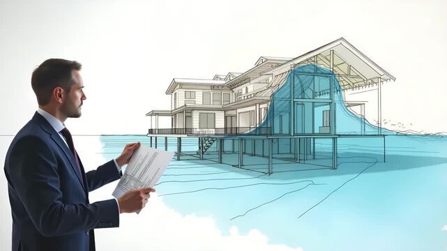 Architects sketching wave impact house damage patterns by overlaying flood zone maps and structural weak points on facade elevations for retrofit planning in  Photo Stock  Concept  and empty space on 