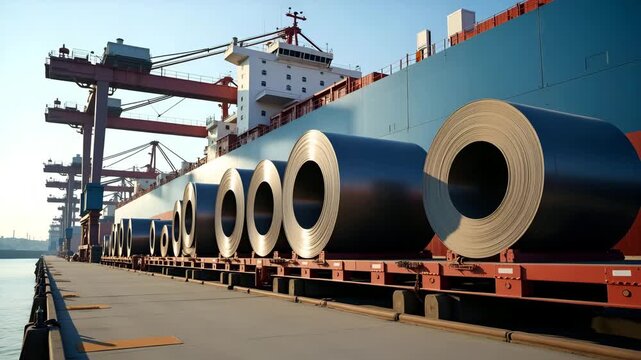 Heavy steel coils being loaded onto cargo vessel under port cranes with banners indicating tariffs on steel and pricing labels in bold headlines in  Photo Stock  Concept  and empty space on the left s