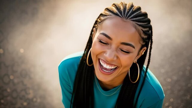 A happy young woman with cornrow braids laughing. Close-up portrait of a joyful person with a beautiful smile. Genuine happiness and positive emotion