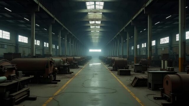 Abandoned factory floor illustrating manufacturing decline USA with rusted machinery and empty assembly lines under dim industrial lighting in  Photo Stock  Concept  and empty space on the left side