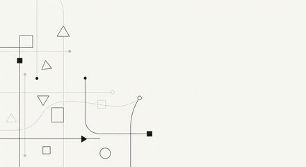 Abstract minimalist technology background featuring a geometric network of connecting lines, shapes, and nodes on a light canvas