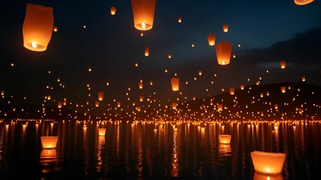 Lantern release festival capturing hundreds of glowing lanterns ascending night sky over tranquil lake symbolic tribute ancestral spirits in  Photo Stock  Concept  and empty space on the left side