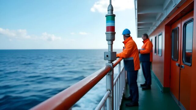 Oceanographers measuring warming oceans temperature profiles salinity changes and acidification levels using CTD probes on research vessel deck in  Photo Stock  Concept  and empty space on the left si