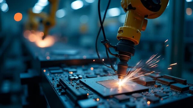 Technical photographers documenting factory scene Asia assembly lines capturing robotic arms welding components in electronics manufacturing plants in  Photo Stock  Concept  and empty space on the lef
