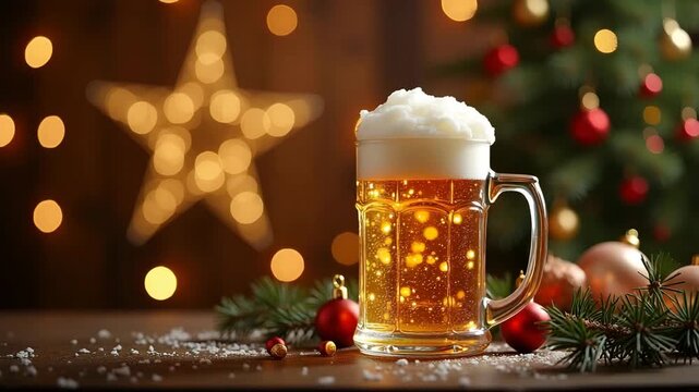 Festive holiday scene featuring seasonal beer mug adorned with holiday themed decorations and warm lighting conveying celebratory spirit. in  Photo Stock  Concept  and empty space on the left side