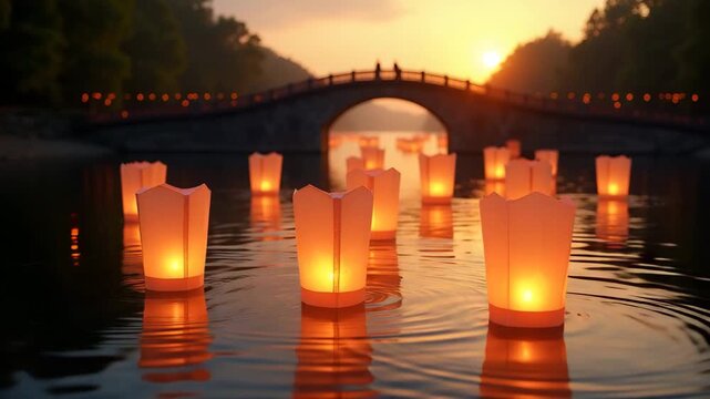 Silk?covered lanterns floating upstream past arched wooden bridge bathed in soft sunset hues at river lantern festival in  Photo Stock  Concept  and empty space on the left side