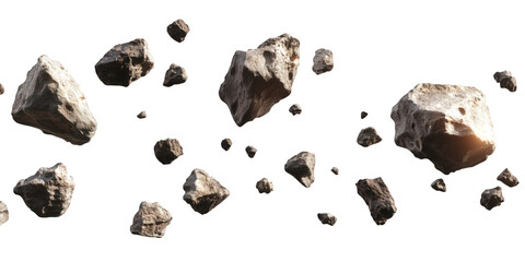 Scattered asteroids isolated on transparent background, creating a cosmic debris field, perfect for spacethemed designs or educational materials about celestial objects