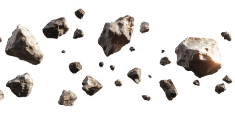 Scattered asteroids isolated on transparent background, creating a cosmic debris field, perfect for spacethemed designs or educational materials about celestial objects